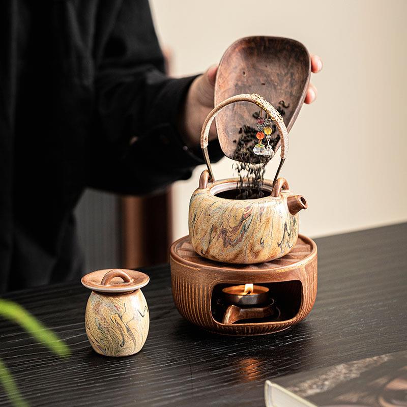 敦煌文创油画提梁壶温茶套装蜡烛加热保温茶壶底座中式复古暖茶炉