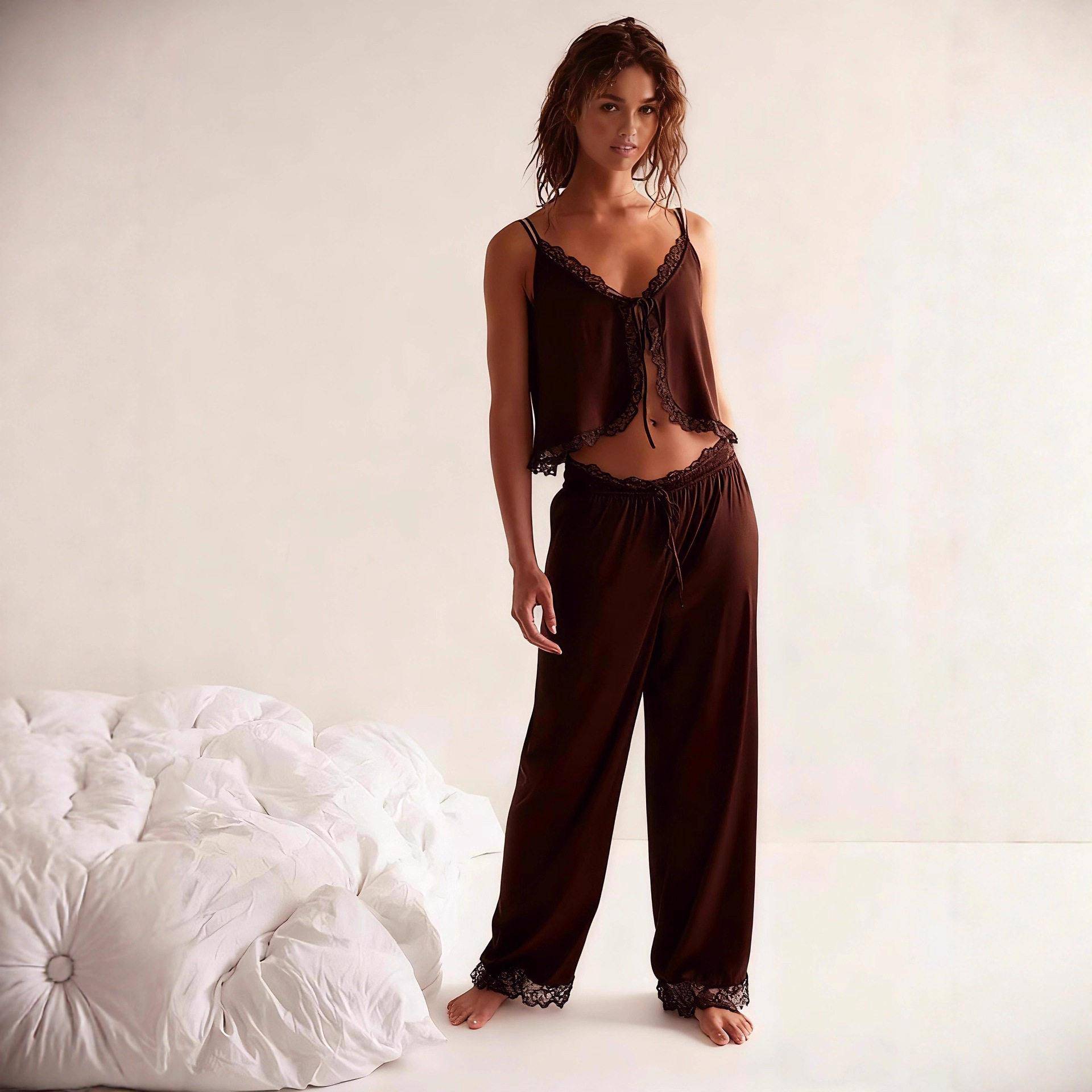 Women Lace Trim Pajama Set Ruffle Babydoll Cami Top Wide Leg