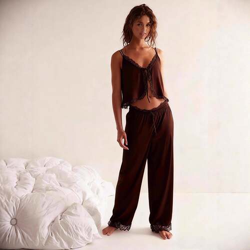 Women Lace Trim Pajama Set Ruffle Babydoll Cami Top Wide Leg