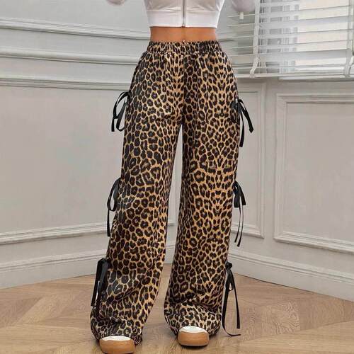 Seasonal elastic waist tied straight leg pants