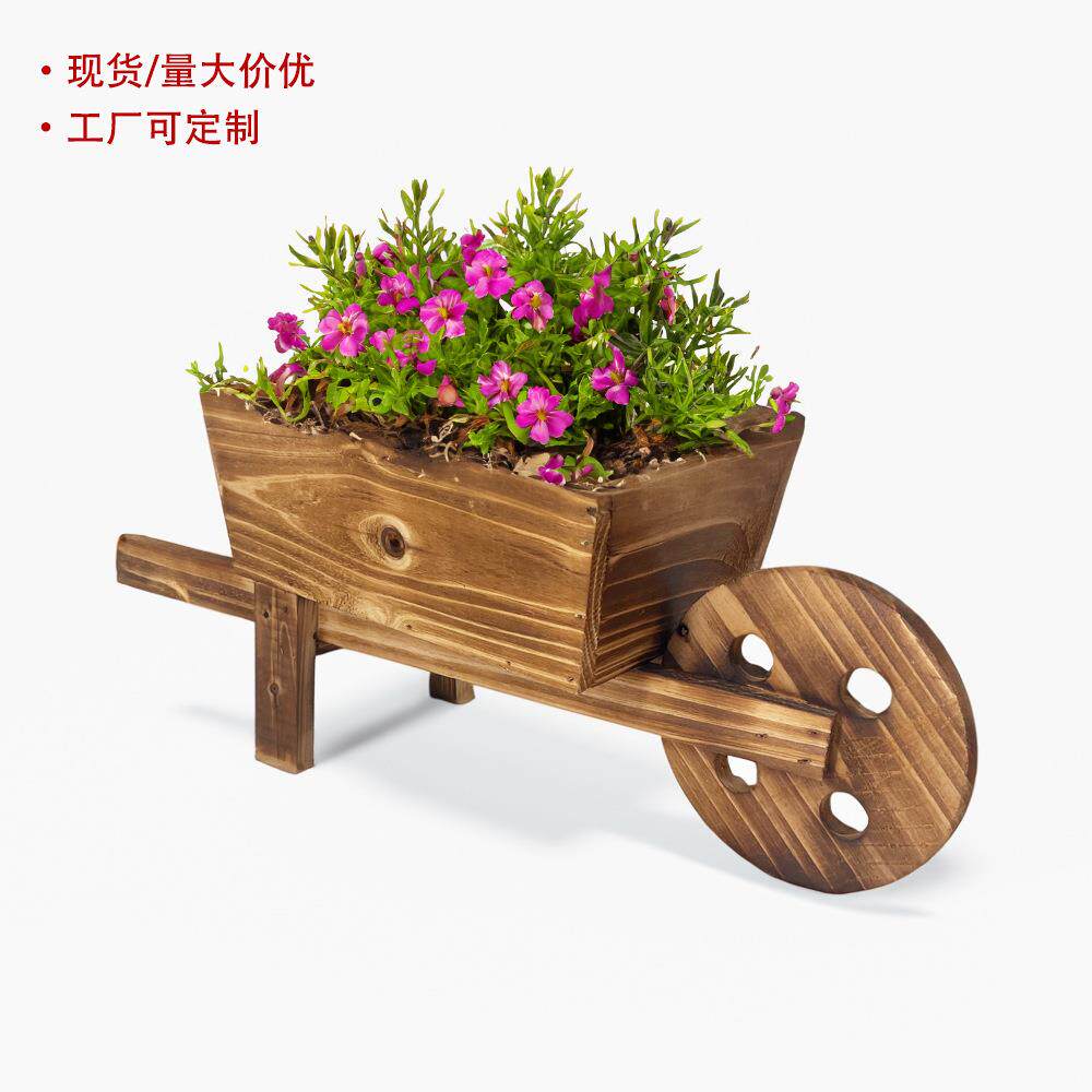 跨境现货外贸花盆长方形大号推车木质田园风格多肉盆多肉植物盆景