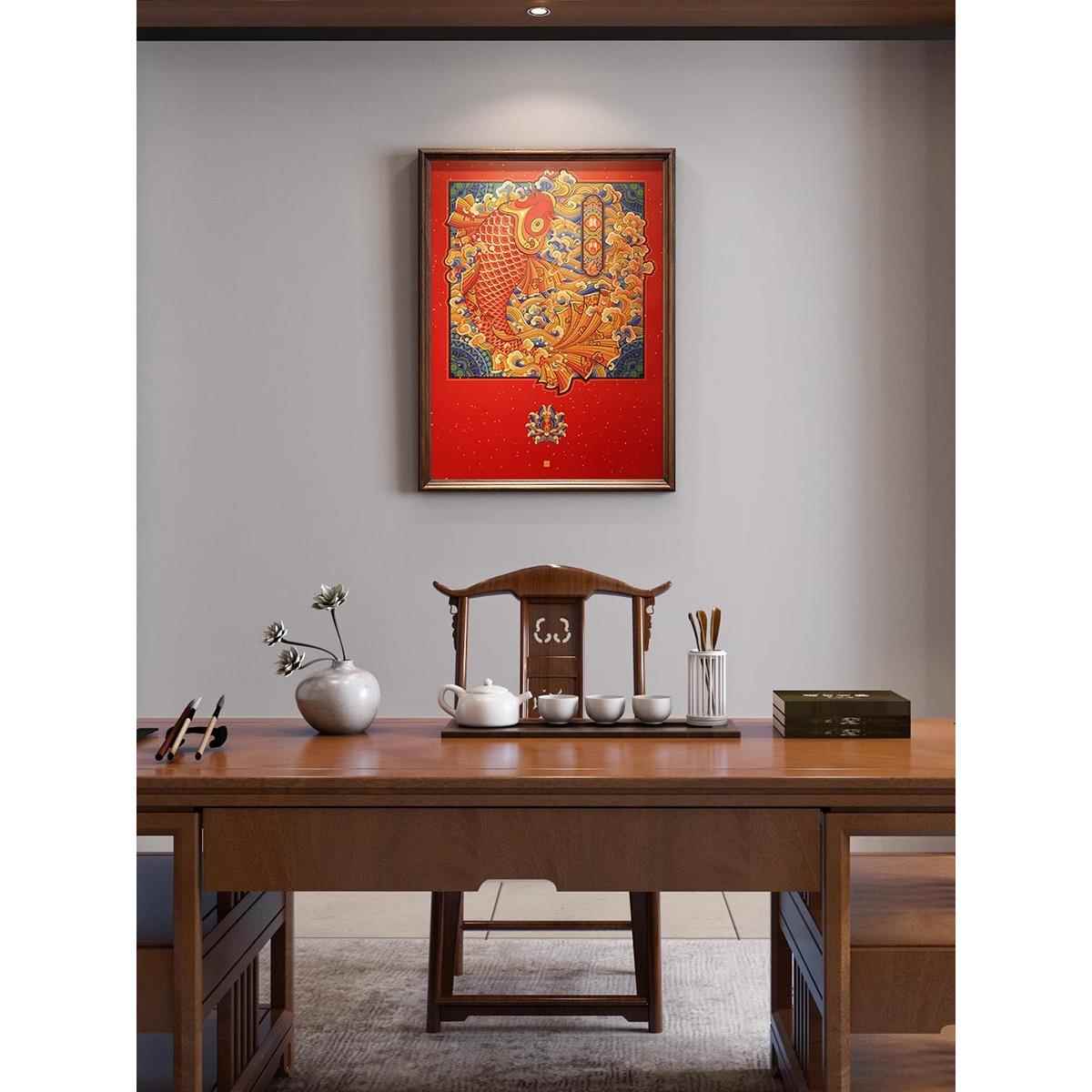 鱼跃龙门新中式装饰画中式书房玄关红色壁画小众高级感鲤鱼挂画图片