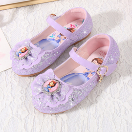 爱莎公主鞋女童闪亮水晶鞋，宝宝小皮鞋，软底紫色女孩苏菲亚儿童单鞋
