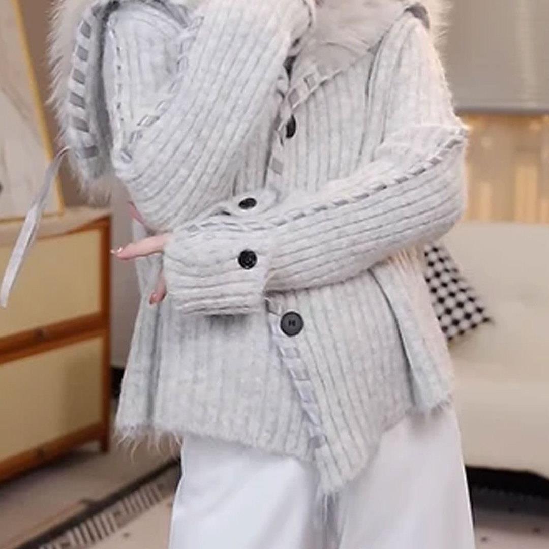 灰色海军领毛毛大翻领毛衣外套女秋冬慵懒高级感宽松针织开衫上衣