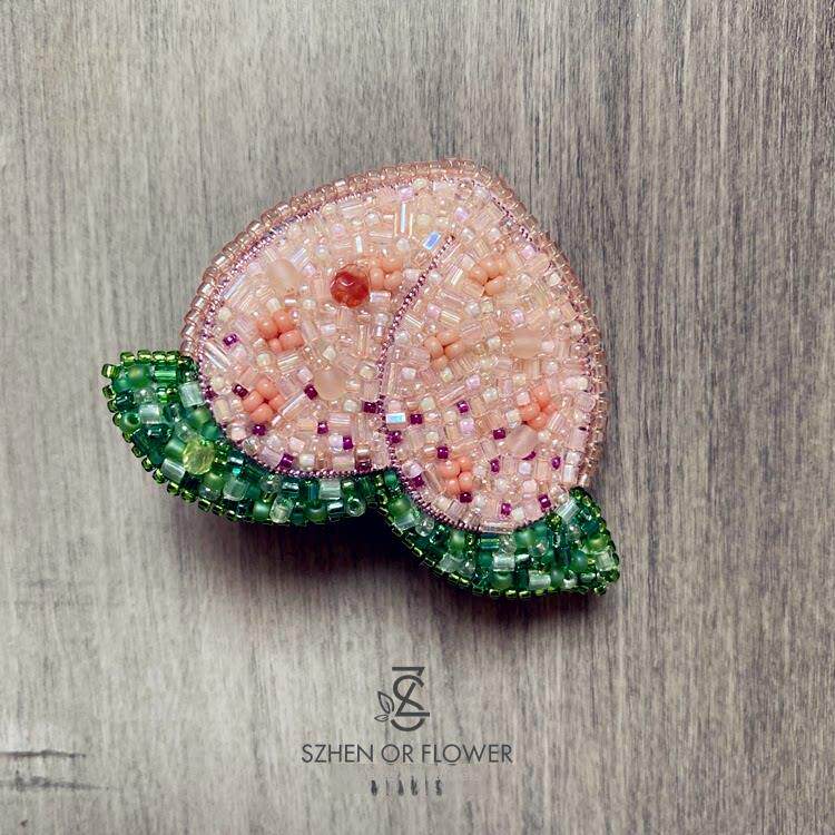 拾针与花原创 人间水蜜桃胸针/头绳 法式立体珠绣钉珠DIY材料包