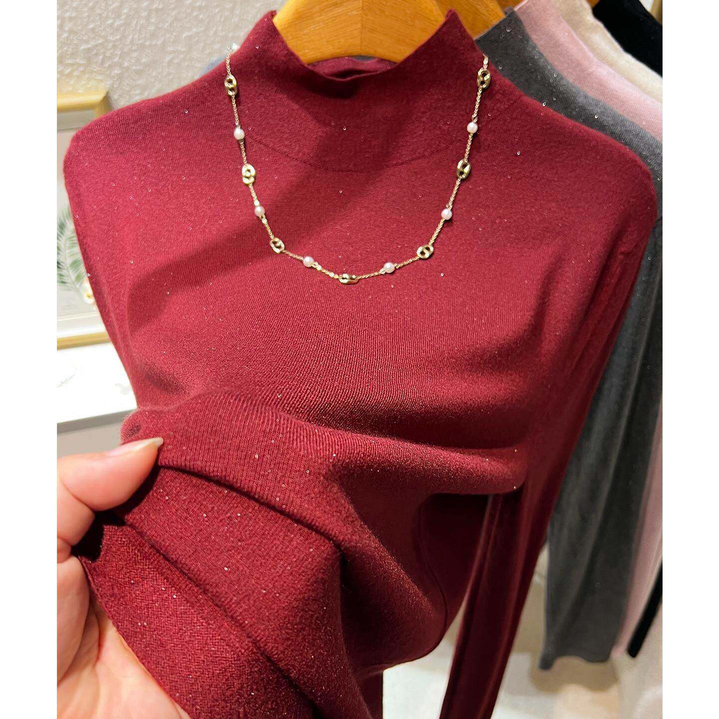 高档轻奢亮丝毛衣女士秋冬新款时尚内搭半高领红色外穿打底针织衫