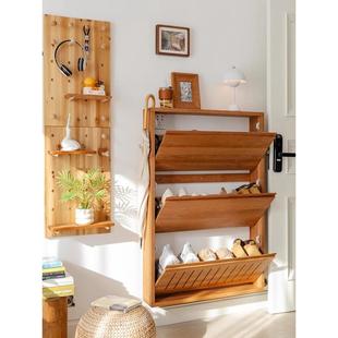 鞋柜家用门口壁挂鞋架收纳盒实木大容量多层隔板收纳柜一体靠墙