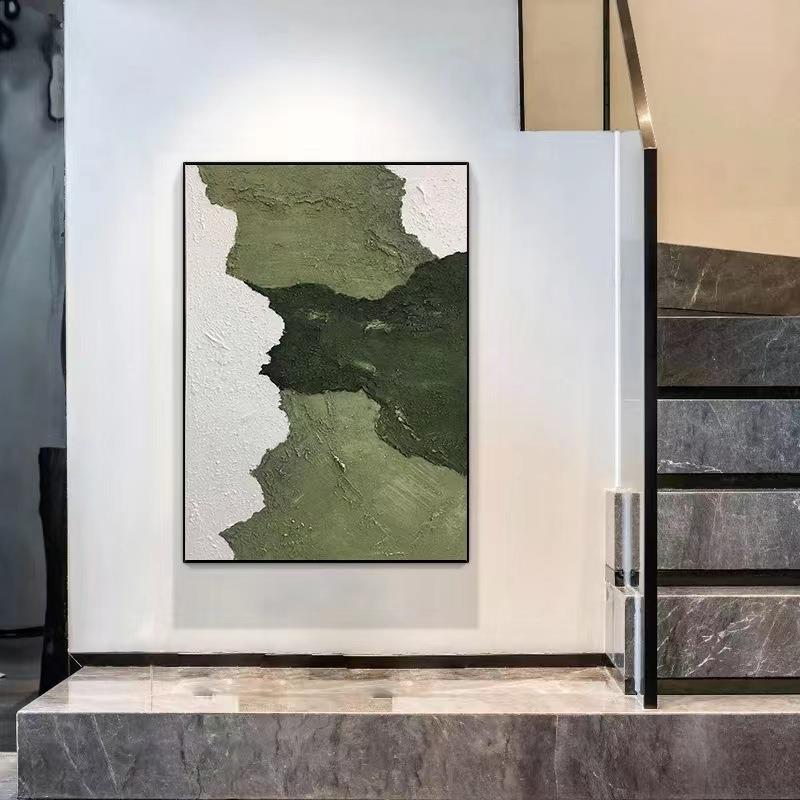纯手绘抽象立体肌理装饰画玄关竖款大型油画绿色高端现代挂画