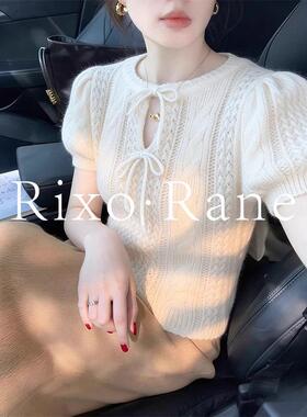 法国Rixo Rane蝴蝶结系带镂空针织短袖T恤女夏温柔气质显瘦上衣