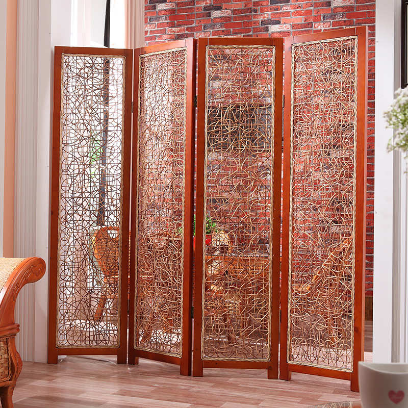 藤编折屏移动折叠真藤装饰隔断玄关酒店客厅办公藤艺实木屏风现代