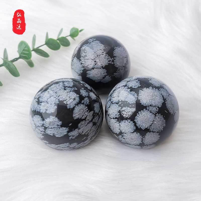 天然雪花黑曜石球水晶球原石打磨家居办公摆件桌面装饰