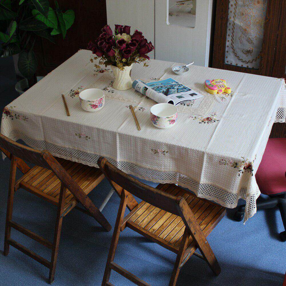 特价外贸棉麻桌布丝带绣花台布餐桌布茶几电视盖布田园风格多尺寸