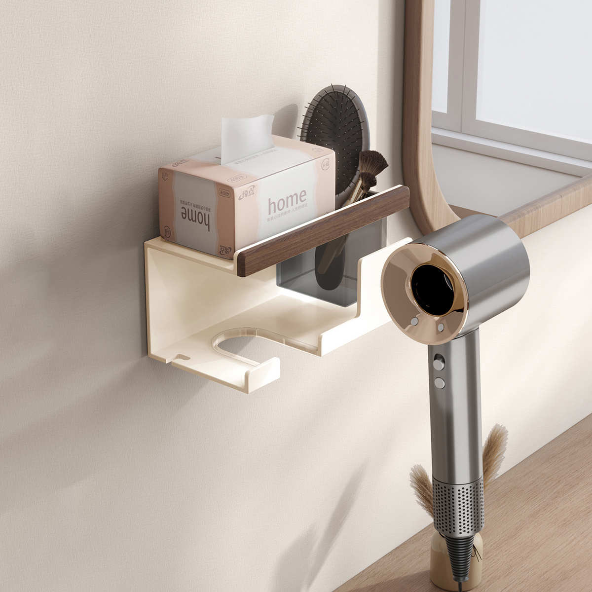 原木风多功能吹风机置物架免打孔卫生间支架壁挂浴室风筒收纳挂架