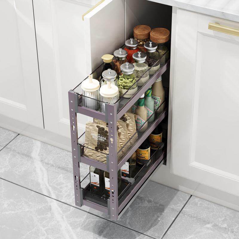 厨房橱柜窄柜底装紫晶拉篮玻璃窄调味篮迷你调料两层三层置物架