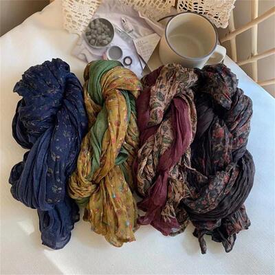 Vintage Cotton Linen Patchwork Scarf Women Pleated Scarf Lo