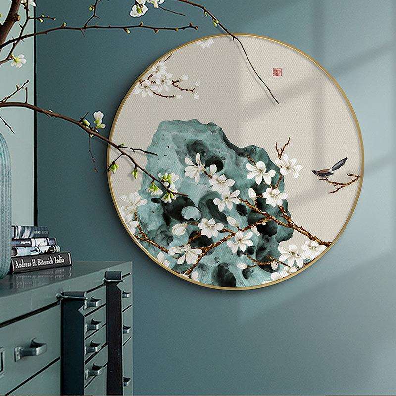 新中式圆形装饰画花鸟大气玄关挂画茶室书房壁画餐厅禅意风景墙画