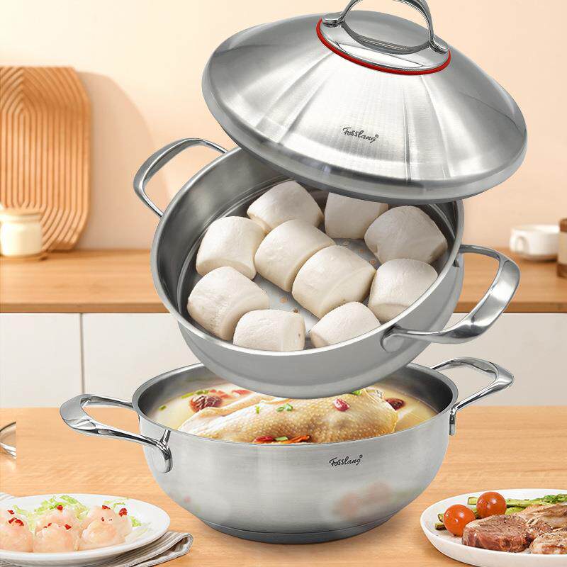 云浮不锈钢蒸锅304加厚双层蒸煮锅大容量炒菜锅家用复底高端蒸锅