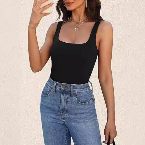Square-neck wide-strap women's tank top  solid color