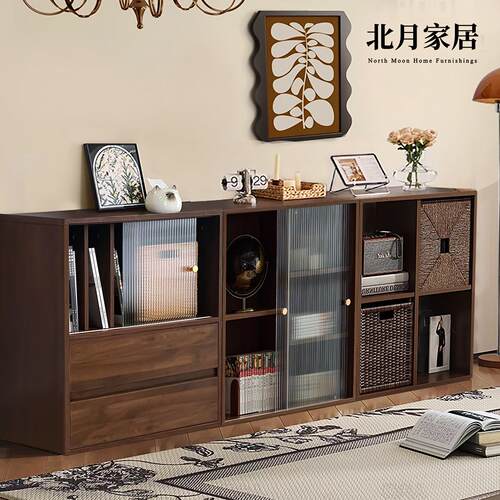 实木半墙书柜模块组合柜黑胡桃色书柜家用餐柜客厅电视柜格子柜