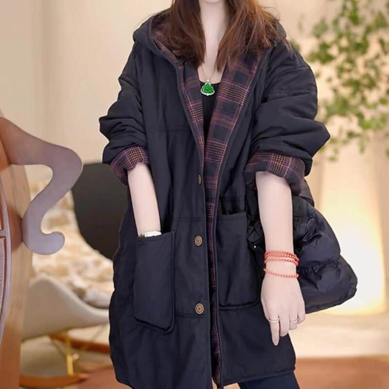 欧洲气质休闲宽松中长款夹棉黑色外套女冬季新款派克服连帽棉服潮