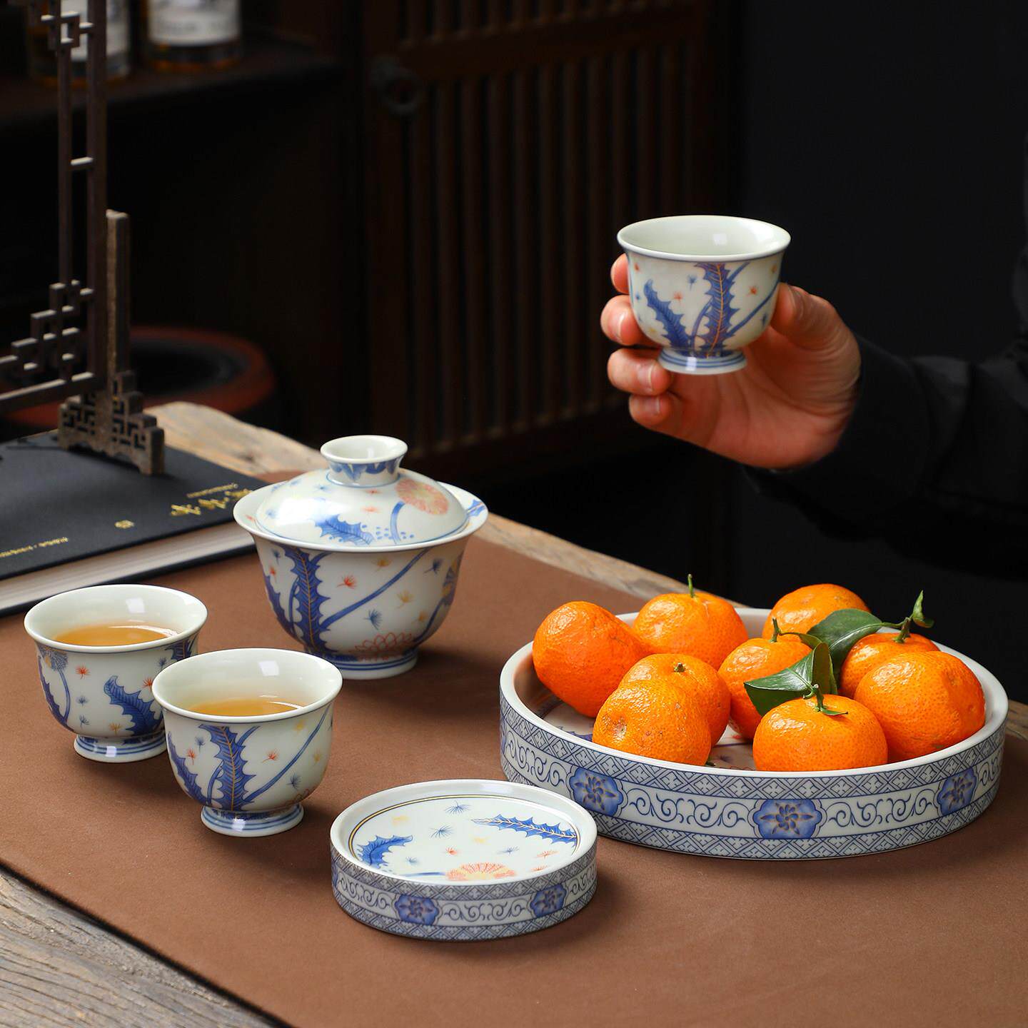 青花釉里红三才盖碗复古茶具壶承轻奢功夫茶具可悬停防烫手泡茶碗