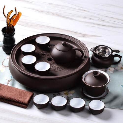 紫砂功夫茶具套装茶杯茶壶茶盘整套陶瓷茶具圆形茶洗蓄水家用茶器