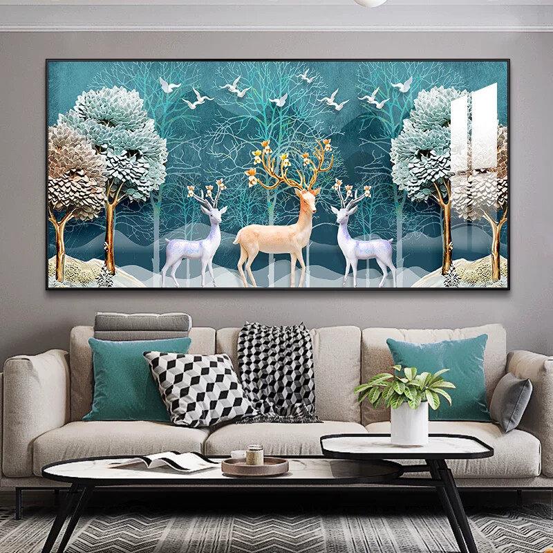 北欧客厅装饰画现代简约沙发背景墙挂画横版大幅壁画抽象麋鹿墙画