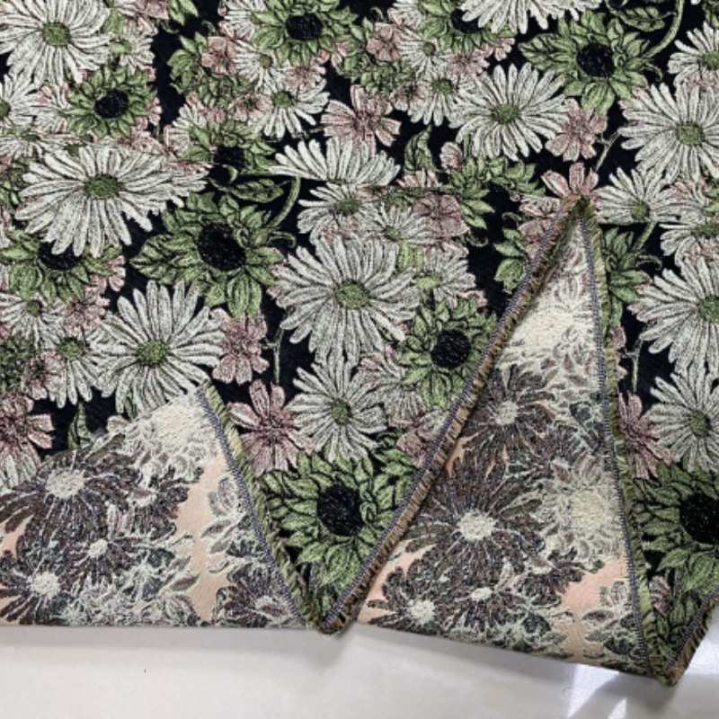 新款莫奈油画风绿白向日葵花朵色织提花面料服装箱包鞋服装饰布料
