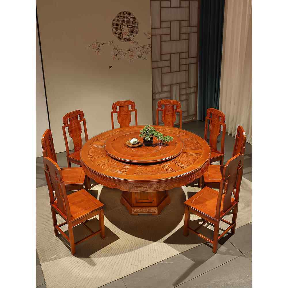 全实木餐桌椅组合圆形带转盘中式彷古雕花大圆桌家用橡木吃饭桌子