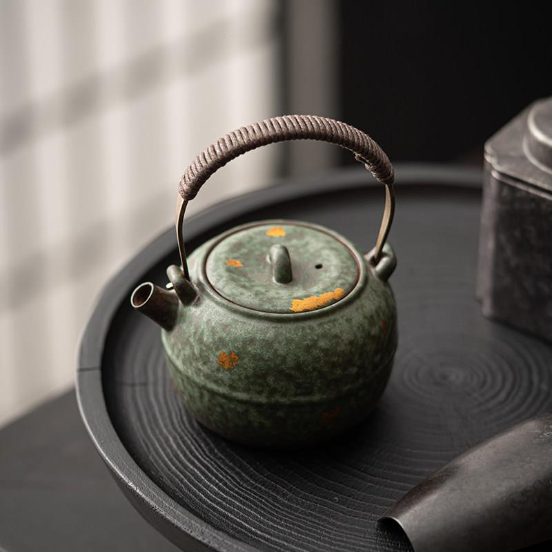 粗陶提梁壶老岩泥功夫茶具茶壶家用防烫泡茶壶手工描金大号