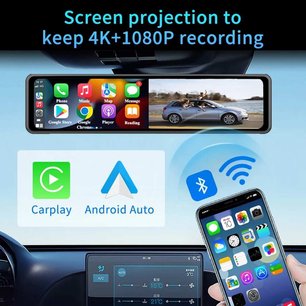 新款4k智慧屏前后双录1080P流媒体手机投屏carplay记录仪外贸