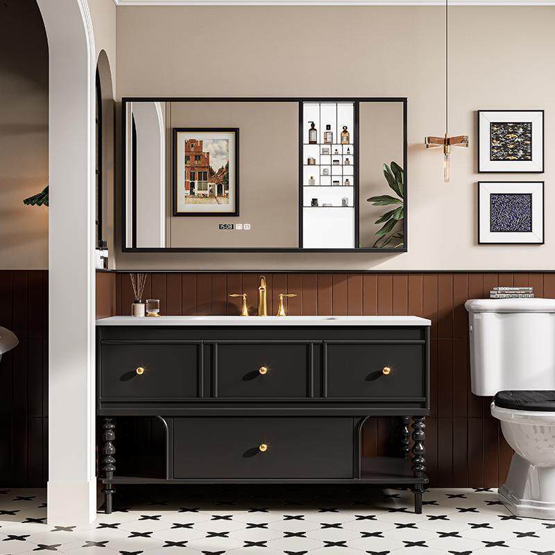 法式落地浴室柜组合卫生间岩板无缝陶瓷一体盆洗漱台