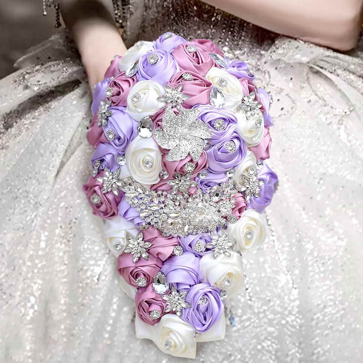 欧美结婚手捧花玫瑰花水钻新娘伴娘团结婚教堂瀑布花束PB719A