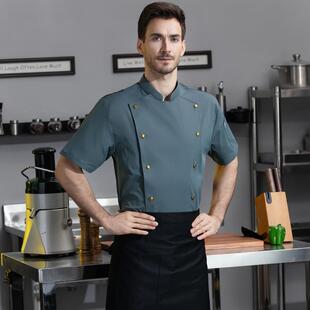 太阳扣弹力棉感 厨师工作服饭点餐饮工装 五星酒店厨师服夏季 短袖