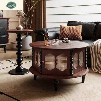 法式复古实木茶几小户型KHB家用组茶合几中古风客厅形茶圆桌物储
