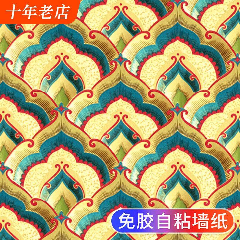 自粘墙纸佛龛墙贴自贴金色金黄色佛堂金箔反光新中式背景壁纸贴纸
