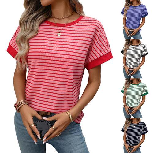 Women's Short Sleeve Striped Shirt Knitted Top Casual