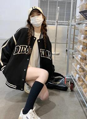 Chlenady黑色棒球夹克女子春秋美式风格街头字母绣花时髦夹克上衣