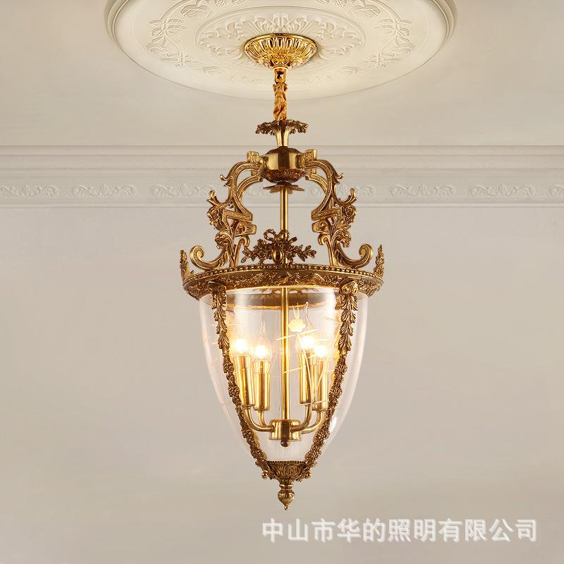 法式全铜吊灯古典轻奢过道走廊灯家用大气玄关灯个性创意阳台灯具