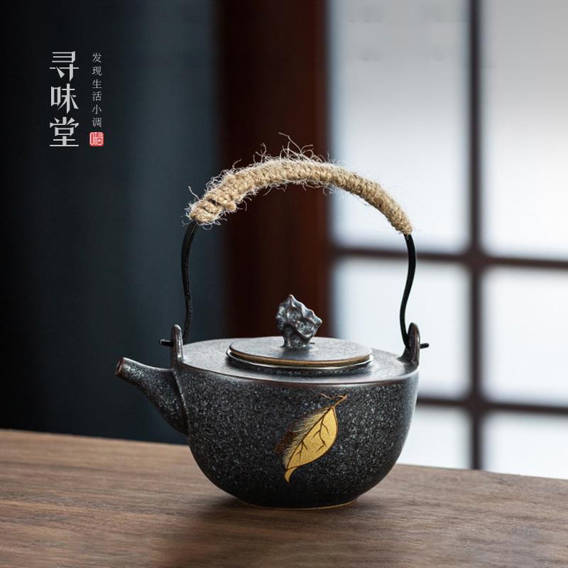 银斑黑陶提梁壶｜复古粗陶茶壶陶瓷家用茶具泡茶壶内带不锈钢滤网