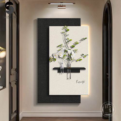 砂岩双层简约水培绿植入户门玄关装饰画走廊过道挂画带灯光壁灯画