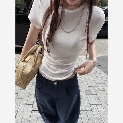 Here yaya shop 必入纸片人软绵绵醋酸桑蚕丝天丝圆领T恤女