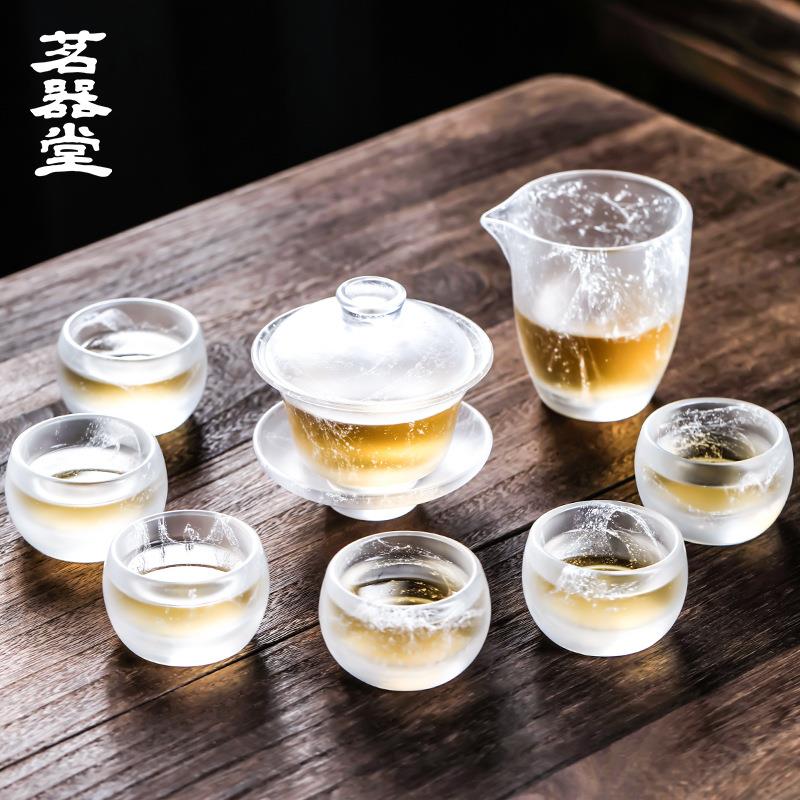 厂家直销飘花琉璃三才盖碗水晶玻璃大号茶碗主人杯建盏白功夫茶具图片