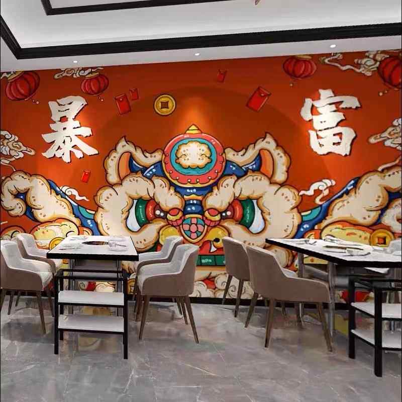 国潮中国风饭店墙纸火锅店装饰贴画烧烤串串壁纸京剧脸谱墙贴定制