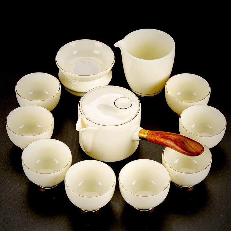 新款家款中式风宝石黄泡茶会客套盖碗新用茶杯羊脂玉功小夫茶具套