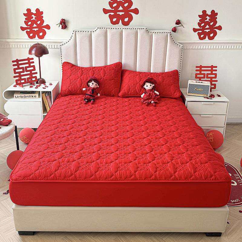 结婚大红色床笠单件全棉纯棉床罩款床单防滑婚庆床垫席梦思保护套