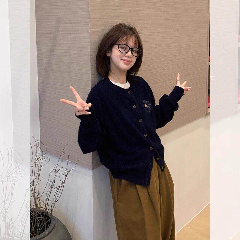 法国Rixo Kelly慵懒风藏蓝色毛衣开衫外套女小个子外搭针织衫上衣