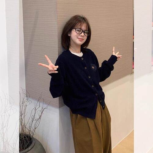 法国Rixo Kelly慵懒风藏蓝色毛衣开衫外套女小个子外搭针织衫上衣