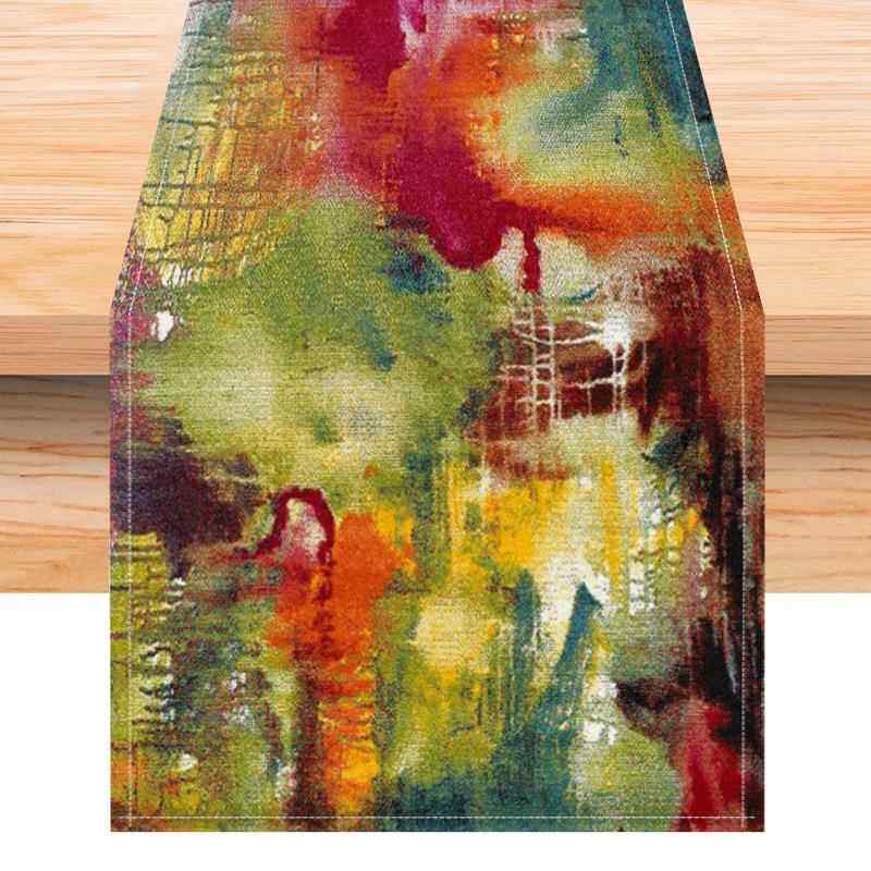 新款抽象油画水彩桌旗居家客厅餐桌装饰台布垫跨境白麻印花桌布