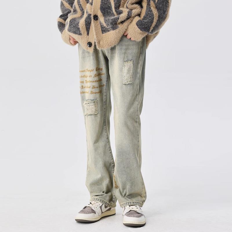 新因素黄泥刺绣字母破洞